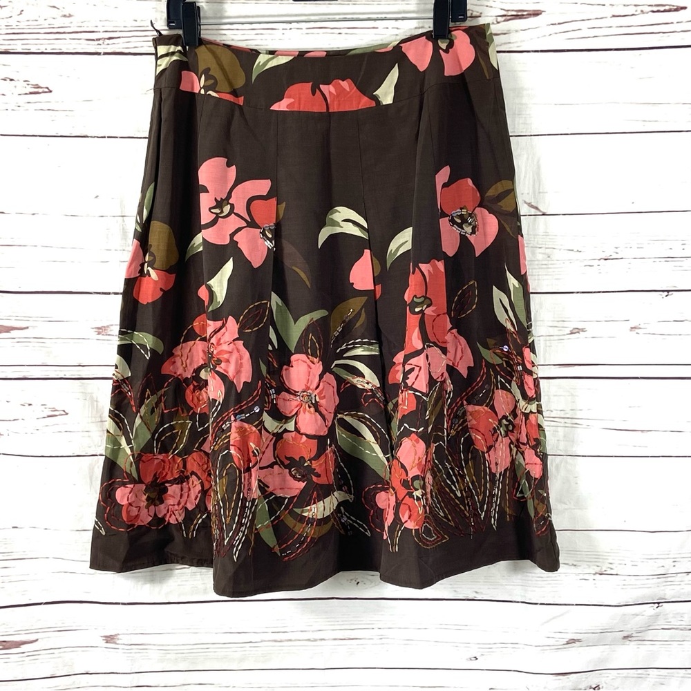 Talbot Skirt Women's 12 Brown A-Line‎ Floral Beaded Silk Blend Lined Vintage